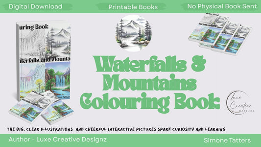 Colouring Book, Waterfalls and Mountains, ready to be coloured, nice bold lines, for all ages, Children or Adults