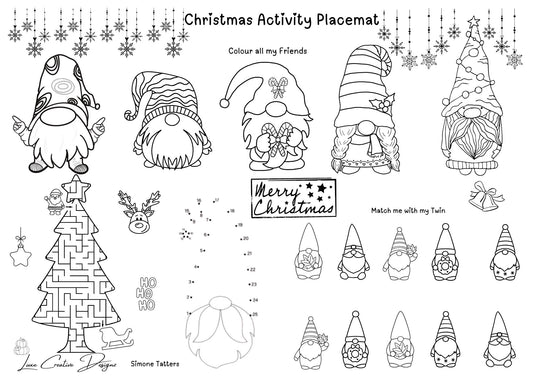 Christmas Activity Placemats x 3, Santa Activity Placemat, Reindeer Activity Placemat, Gnome Activity Placemat