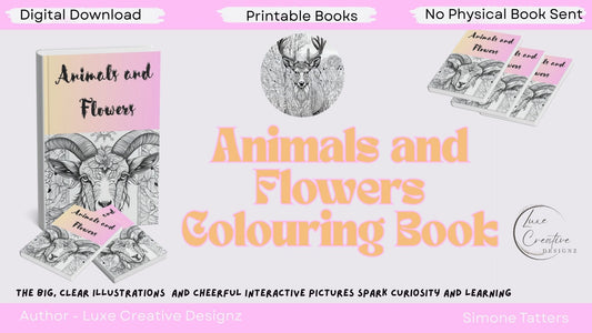 Colouring Book, Flowers and Animals, ready to be coloured, nice lines, for all ages, Children or Adults
